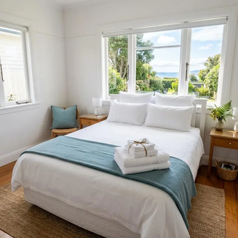 Freshly made guest bedroom prepared for an Airbnb stay in Hawke’s Bay