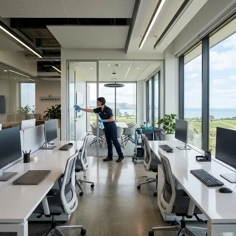 Cleaner working carefully in a bright Hawke’s Bay office