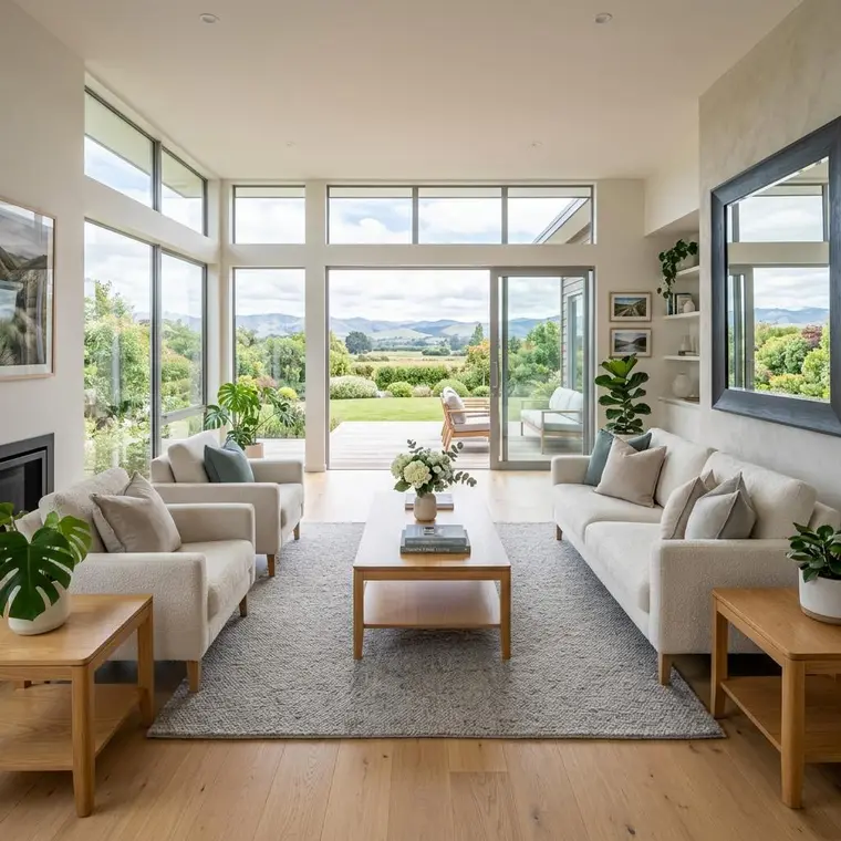 Bright, clean Hawke’s Bay home interior with views across the landscape